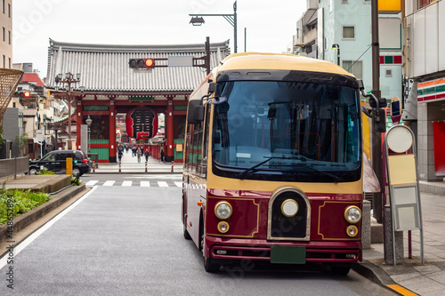 Tokyo city in Japan. Asakusa Temple Gate. Landmarks of Tokyo. Bus near Sensoji Temple. Tourist bus to Asakusa church. Buddhist arch at the entrance to Sensoji. Buddhist monastery in Japan.