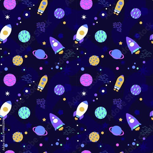 vector endless pattern with rockets, stars, planets. drawing in children's style. dark purple background