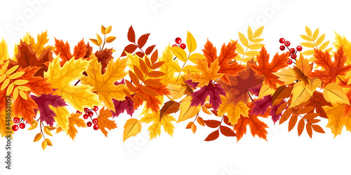 Vector horizontal seamless border with red  orange  yellow  purple and brown autumn leaves.