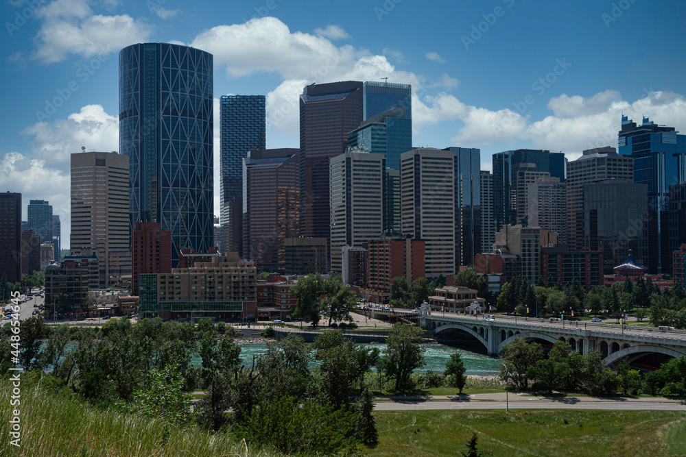 City skyline. View of downtown Calgary, Alberta, Canada. Taken on a hot summer day in 2021.