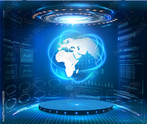 Hologram earth for concept design. Blue futuristic background with planet Earth. Abstract tech design background. Virtual graphic. Abstract modern background. Science, technology background. HUD, GUI