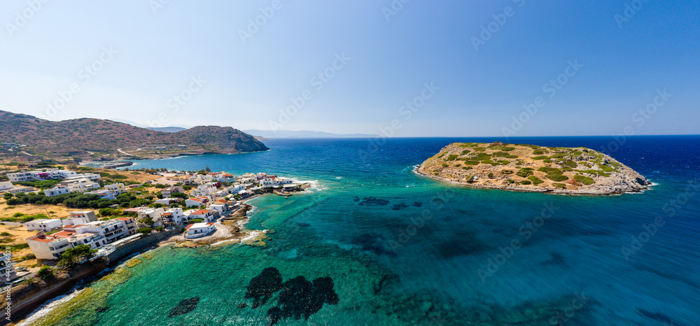 Aerial panoramic view of the Cretan town of Mochlos and ancient Minoan ruins