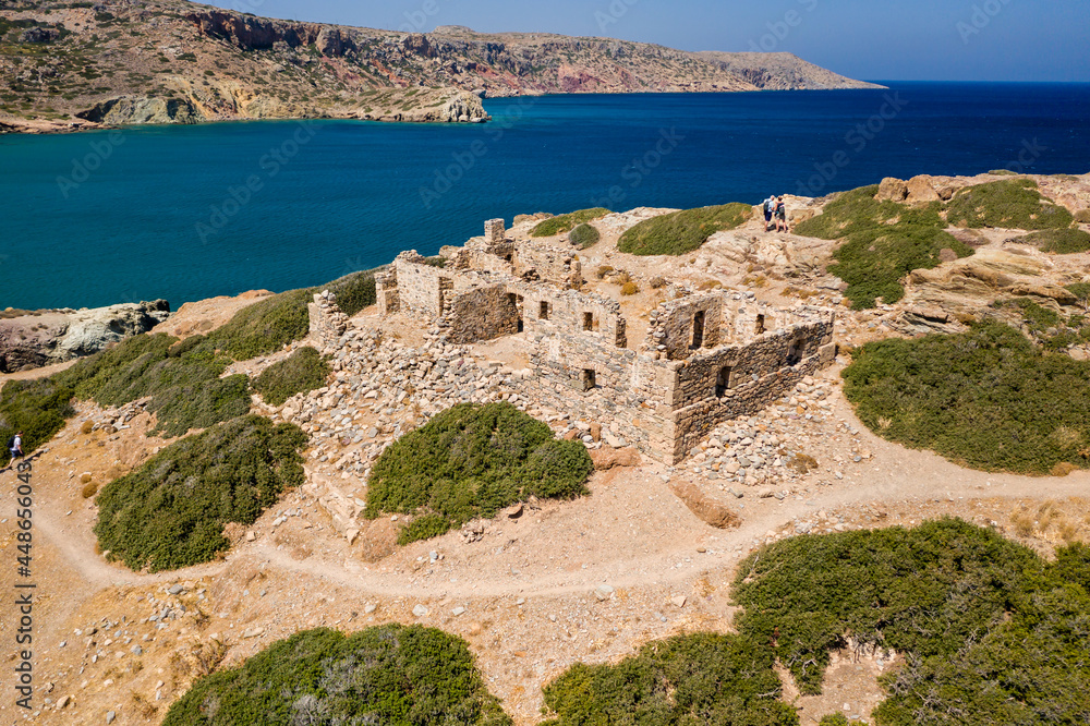 Aerial view of the ruins of the ancient Doric city of Itanos on the remote coastline of eastern Crete, Greece