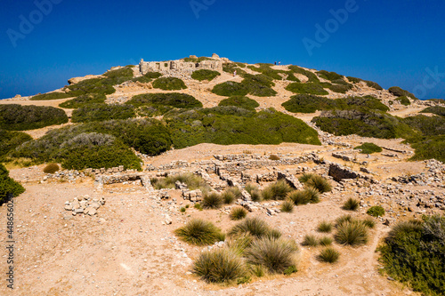 Aerial view of the ruins of the ancient Doric city of Itanos on the remote coastline of eastern Crete, Greece photo