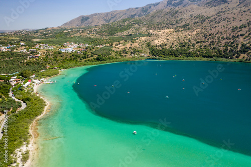 Aerial view of Lake Kournas - the biggest freshwater lake on the Greek island of Crete
