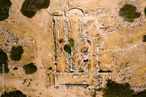 Aerial view of the ruins of the ancient Doric city of Itanos on the remote coastline of eastern Crete, Greece photo