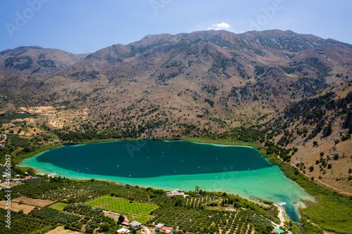 Aerial view of Lake Kournas - the biggest freshwater lake on the Greek island of Crete photo
