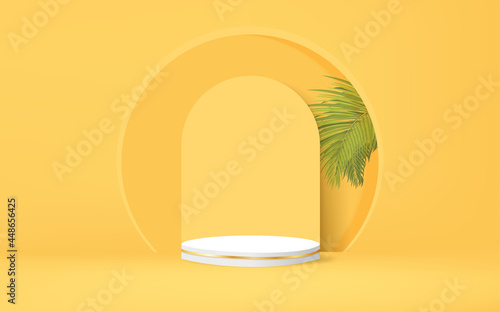 3d podium with palm leaves on yellow background. 