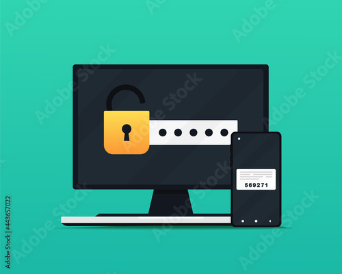 Two step authentication. Password authorization. Login to account. Two factor verification via computer and smartphone. Illustration vector photo