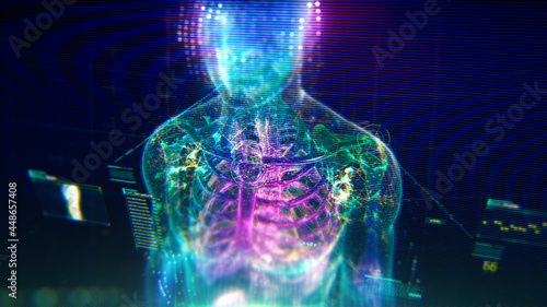 Colorful Human Body animation with infographics and particles showing bones, organs and skin. Plexus. Futuristic and Artistic concept of human anatomy.
