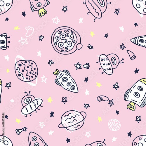 Tender seamless pattern of rockets and planets in space. Design for T-shirt, textile and prints. Hand drawn vector illustration.
