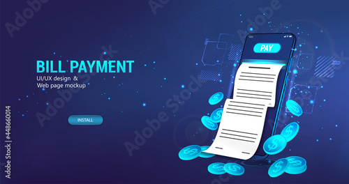 Bill Payment modern banner. Smartphone with bill of expensesю. Online shopping via mobile phone. Web banner Online shopping spending, banking payment. Modern Vector illustration 