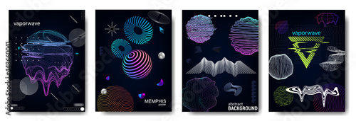 Universal trendy posters with shapes and glitch effect. Retro futuristic concept. Cyberpunk and vaporwave. Digital covers for web, poster, flyers, card and other. Geometric shapes with glitch. Vector