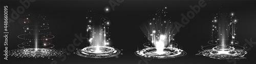 Energy portals with glow and heat effect. Teleport, magic portal, podium, lvl up, hologram - concept.  Fantastic hologram, hi-tech technology, podium and magic portal. Vector collection level up