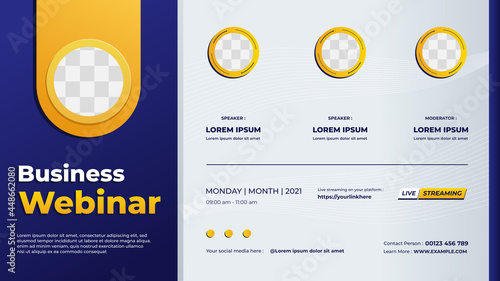 Business webinar banner template for website with blue and white gradient geometric background and four circle frame