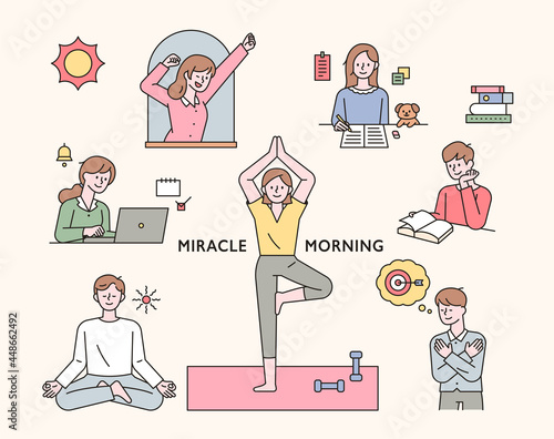 People doing morning routine for self-improvement. outline simple vector illustration.