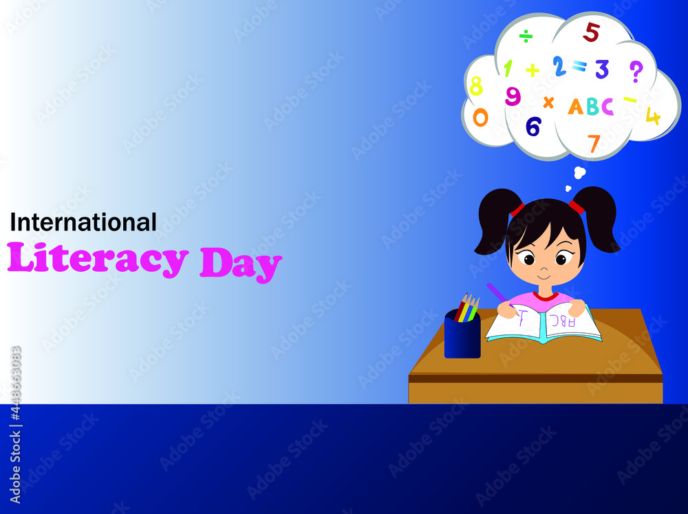 International Literacy Day. a child dazzling with a book and pencil. International Literacy Day. a child dazzling with a book and pencil.