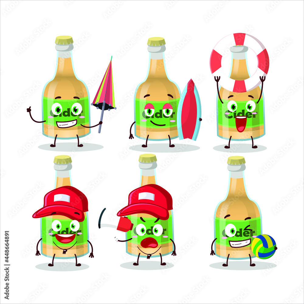 Fototapeta premium Happy Face cider bottle cartoon character playing on a beach. Vector illustration