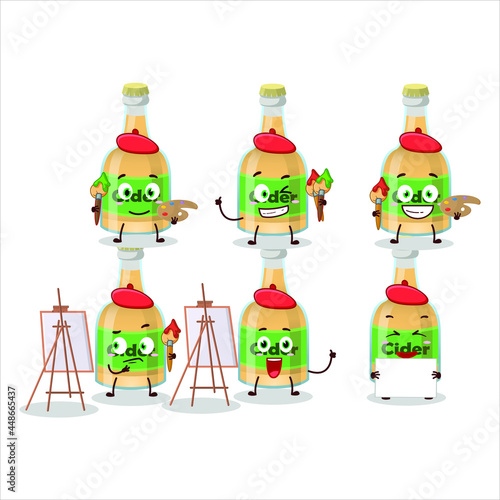 Artistic Artist of cider bottle cartoon character painting with a brush. Vector illustration