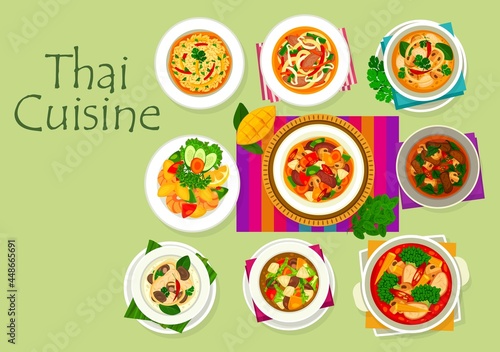 Thai cuisine food with vector Asian dishes of curry and rice with vegetables  meat and mushrooms. Pork pad thai noodles  coconut milk chicken soup and shrimp mango salad  restaurant menu design