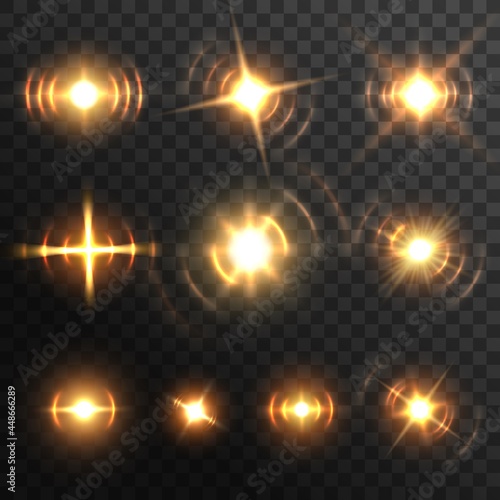 Lens light flare, fiery energy burst or headlights realistic effect. Vector golden glow beam flashes or star sparkles. Photography shining glare, digital lightning radiance 3d elements, isolated set