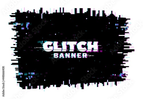 Digital color distortion glitch screen, lines and pixel noise background. Vector glitched banner, television distorted video, no signal noisy effect and colored random pixels in black rectangle
