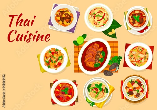 Thai cuisine dishes of vector meat and vegetable food  rice  noodles  red and green curries. Cashew chicken  duck with oyster sauce  pork pineapple stir fry and lamb massaman curry  Asian menu design
