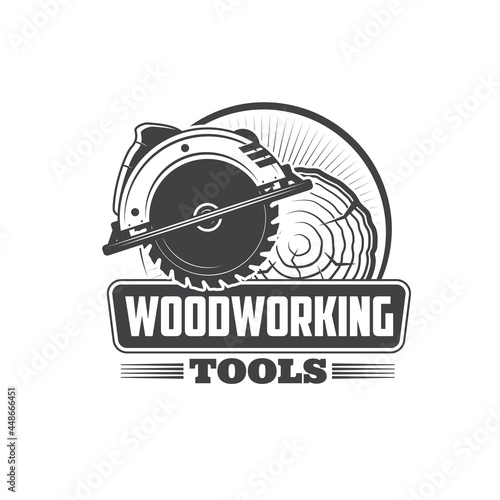Woodworking tools, joiner and carpenter instruments, vector workshop icon. Wood carpentry jigsaw and sawmill work equipment shop, woodworker service, timber hardware and lumber tool