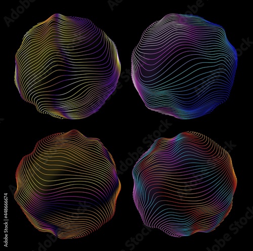 Digital wave glitch round circles, abstract neon light line vector fractals. Glitch wave round circles with mesh pattern, iridescent gradient or holographic bubbles background