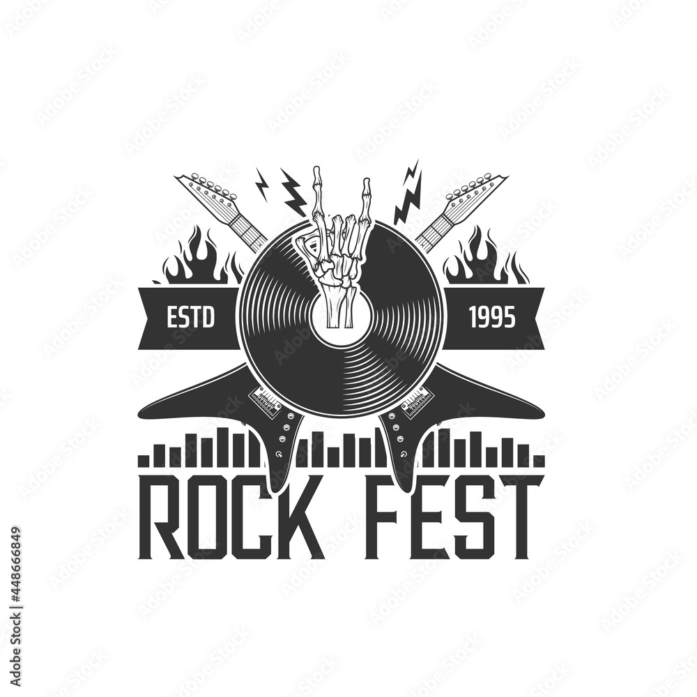 Rock music fest icon with vector rocker guitars, vinyl record, skeleton rock and roll horns, lightning bolts and fire flames. Hard rock music festival, live concert show and metal party emblem design