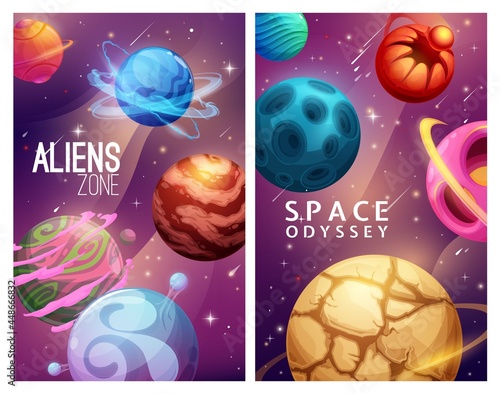 Aliens zone and space odyssey. Cartoon galaxy planets and stars. Science fiction worlds, vector alien planets with cracks, craters and water oceans, extraterrestrial live forms home in deep space