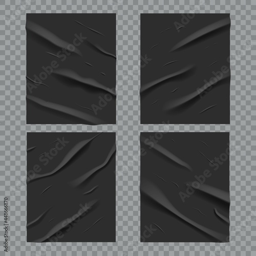 Black glued wet posters with wrinkled and crumpled paper texture, vector. Black posters glued with wrinkles, adhesive paper with glue effect on wall background, realistic folds and crumples