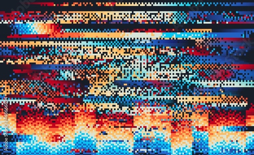 Screen error glitch distortion and digital rainbow pixel noise, vector background. TV screen with glitch or digital video distortion error and rainbow pixels noise pattern on grunge background