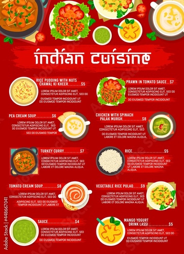 Indian cuisine menu page template. Mango yogurt Lassi, turkey curry and Chawal Ki Kheer, prawn in tomato sauce, tomato cream soup and vegetable rice Pulao, Palak Murgh chicken, rice and pea cream soup