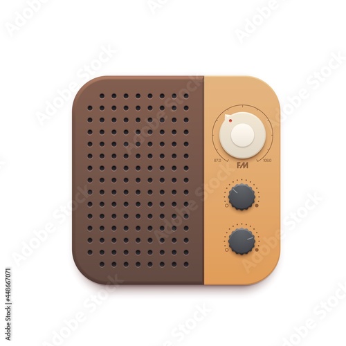 Retro FM radio music app icon, vector old radio station button and speaker. Vintage FM radio tuner application icon with receiver dials and loudspeaker, streaming podcast channel player