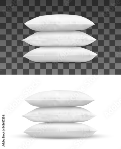 Pillow stack, realistic vector object of white cushions. Isolated pile of rectangle bed pillows 3d mockup with cotton or silk pillowcases, soft and comfortable bedding, bedroom accessories design