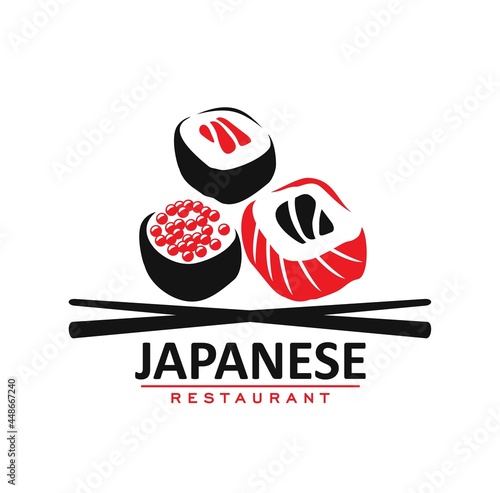 Japanese cuisine restaurant icon, rolls and sticks. Vector emblem for asian cafe with traditional meal of Japan seafood with rice, salmon fish or caviar and bamboo sticks. Red and black colored label
