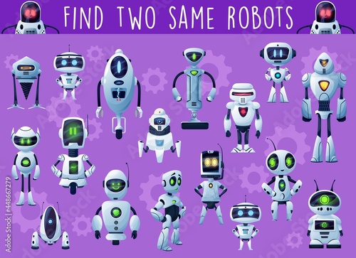 Kids game with robots and droids. Child playing activity, riddle or educational puzzle with find same object task, fantasy robots and alien humanoid cyborgs cartoon vector characters