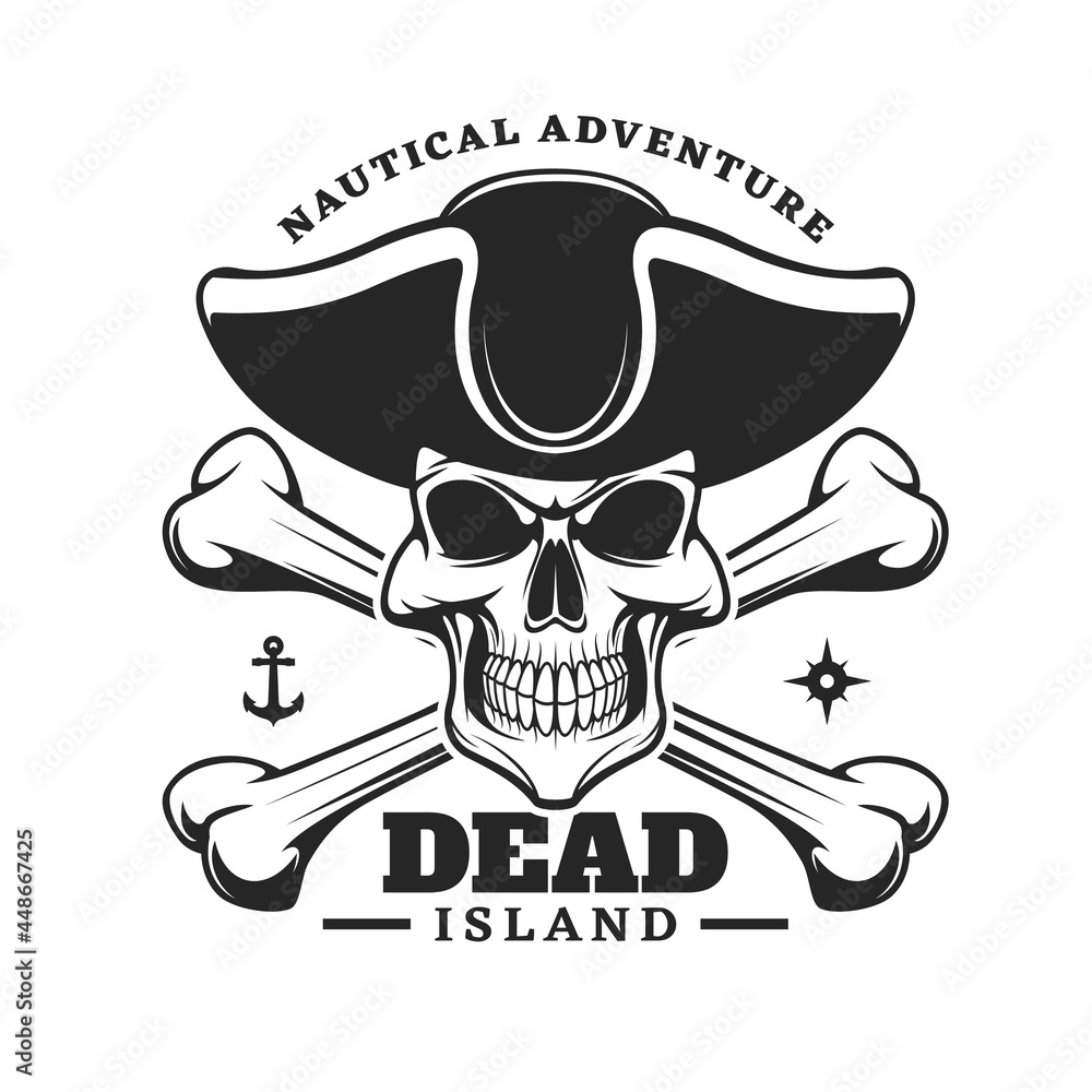 Pirate captain skull and crossed bones icon. Vector emblem with jolly roger in cocked hat. Filibusters skeleton head, anchor and wind rose monochrome isolated vintage label for nautical adventure club Pirate captain skull and crossed bones icon. Vector emblem with jolly roger in cocked hat. Filibusters skeleton head, anchor and wind rose monochrome isolated vintage label for nautical adventure club