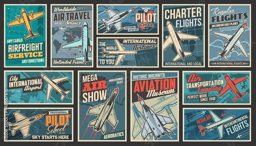 Tela Aviation and modern air transport retro posters set