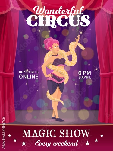 Shapito circus poster, woman with snake performing on big top arena. Vector flyer with girl artist character with trained python on scene. Invitation on magic show, buy tickets online cartoon design