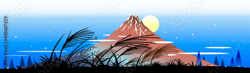 月夜の秋とススキのある浮世絵の富士山