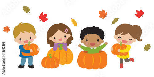 Cute kids picking Halloween pumpkins in fall season vector illustration.