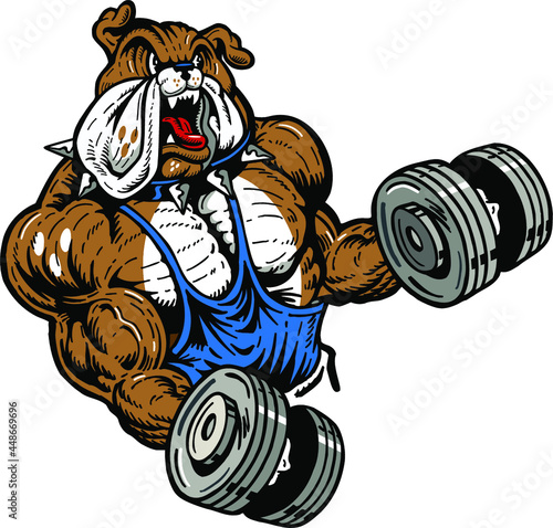 muscular bulldog team mascot lifting weights for school, college or league