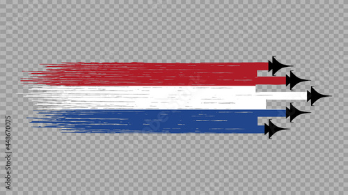 Netherlands flag with military fighter jets isolated  on png or transparent ,Symbols of Netherlands, template for banner,card,advertising ,promote,poster, vector,top gold medal  winner sport country