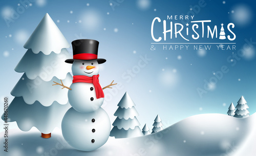 Christmas snowman vector design. Merry christmas greeting text with snowman character and fir tree element in snowy outdoor background for xmas holiday season celebration. Vector illustration
