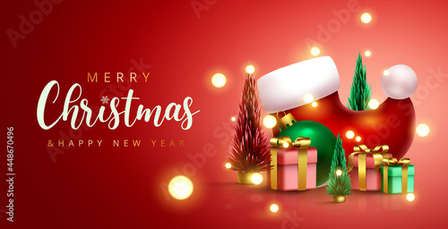 Christmas greeting vector design. Merry christmas and happy new year text with santa skating shoes, gifts and floating lights miniature elements for xmas decoration. Vector illustration
