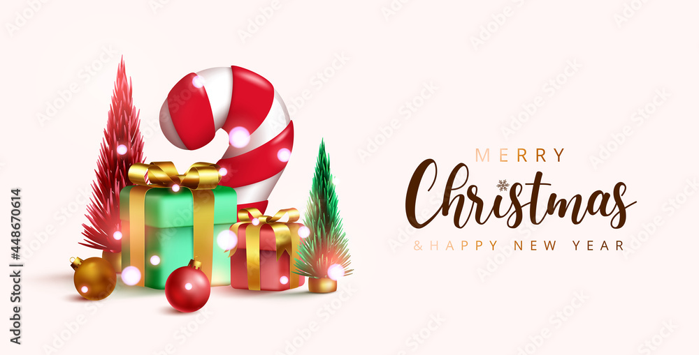 Merry christmas vector background design. Merry christmas and happy new year text with candy cane, gifts, balls and xmas trees elements for holiday season greeting card. Vector illustration
Merry christmas vector background design. Merry christmas and happy new year text with candy cane, gifts, balls and xmas trees elements for holiday season greeting card. Vector illustration