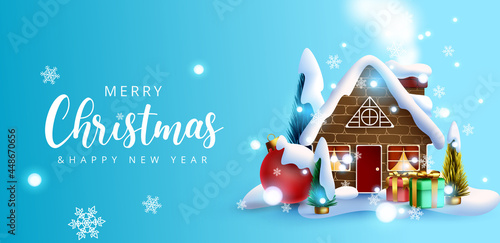 Christmas vector background design. Merry christmas greeting text with miniature house, trees and ball elements in snow frost xmas holiday celebration. Vector illustration
