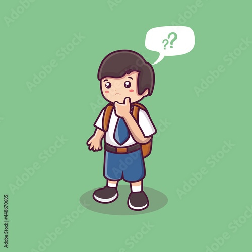 a male student who is thinking. a cute schoolboy vector. back to school background. cartoon confused expression. boy wearing uniform in shcool photo